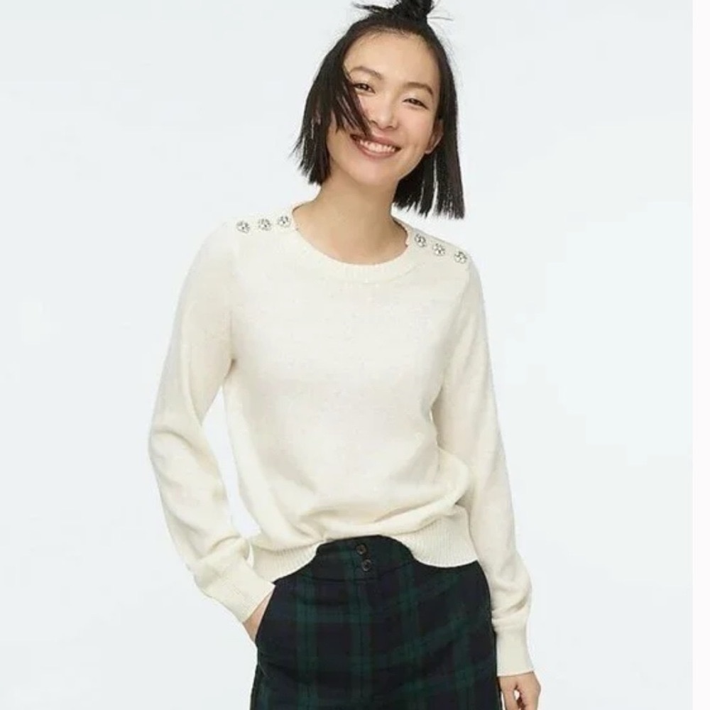 J.Crew Ivory Jeweled Shoulder Wool Blend Crew Neck Pullover Sweater